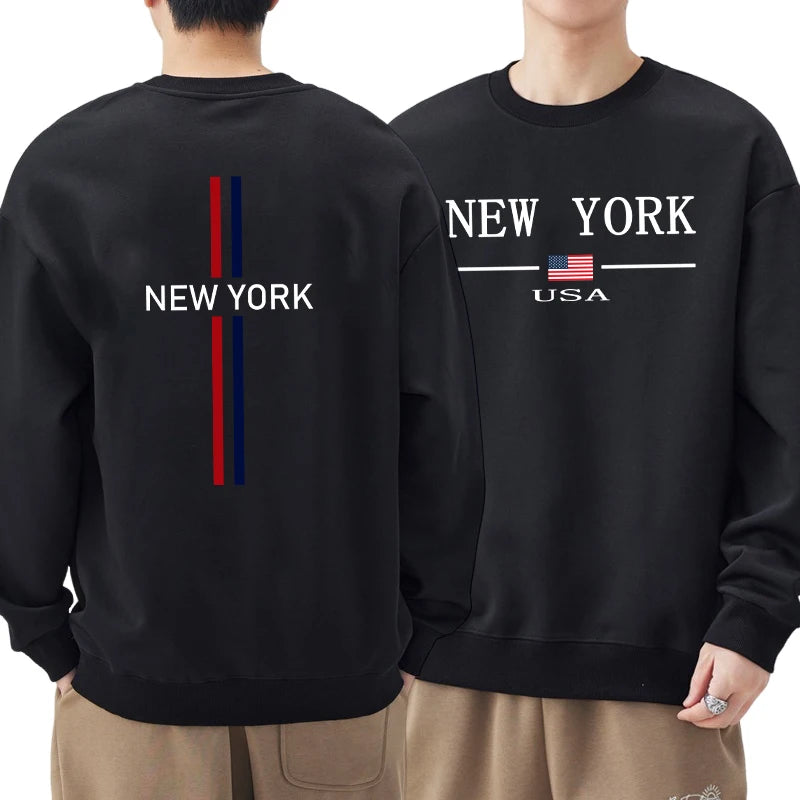 New York Fashion Printed O-Neck Hoodies for Men Spring Autumn Male Warm Long Sleeved T-shirts Urban Trend Casual Streetwear Tops